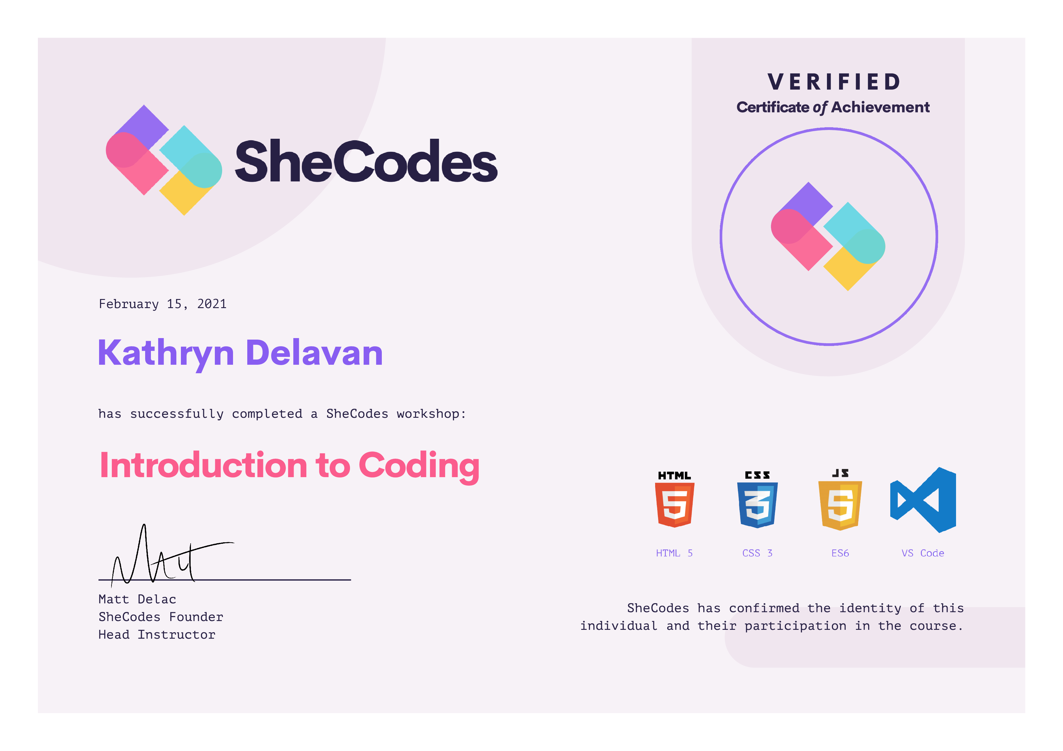 SheCodes Intro to coding certificate